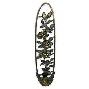 Antiqued Patina Brass 16.5” Tall Wall Sconce Candle Hanger‎ with Rose Embossed